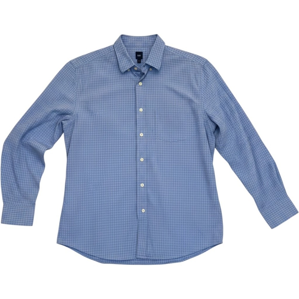 Gap Mens Blue White Grid Pattern Button Down Shirt Long Sleeve Cotton Size L